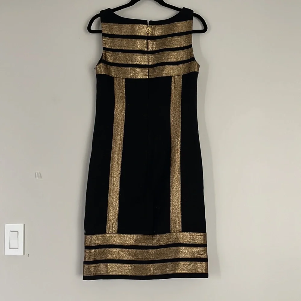 Tory Burch Simca Gold Lame’ Trim Crepe Black Dress Size 2